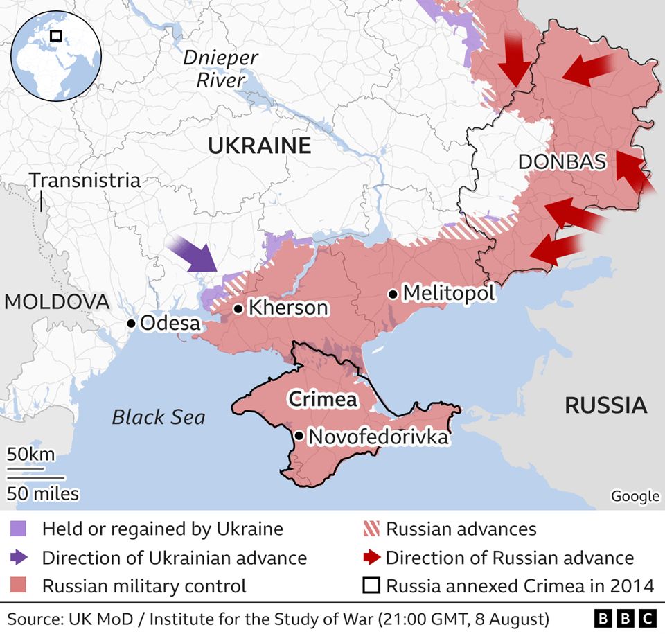 Parts of Ukraine controlled by Russian troops as of August 8, 2022