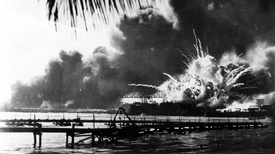 Photograph of the destruction that occurred at Pearl Harbor.